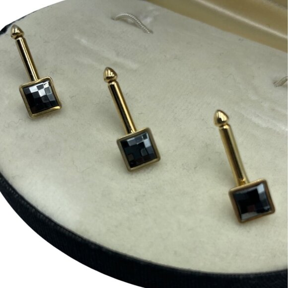 Swank Formal Wear 5 pc Cuff link Stud Set orig box Faceted Black Gold Tone Tux - Picture 5 of 16
